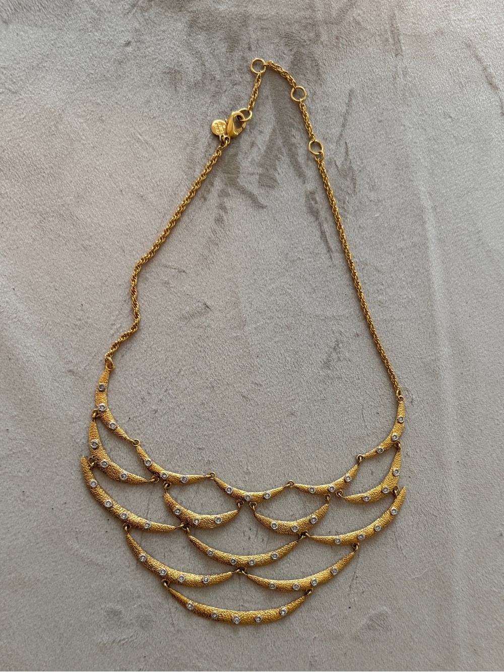 Alexis Bittar Crystal Studded Scalloped Bib Necklace Textured Gold Crescent
